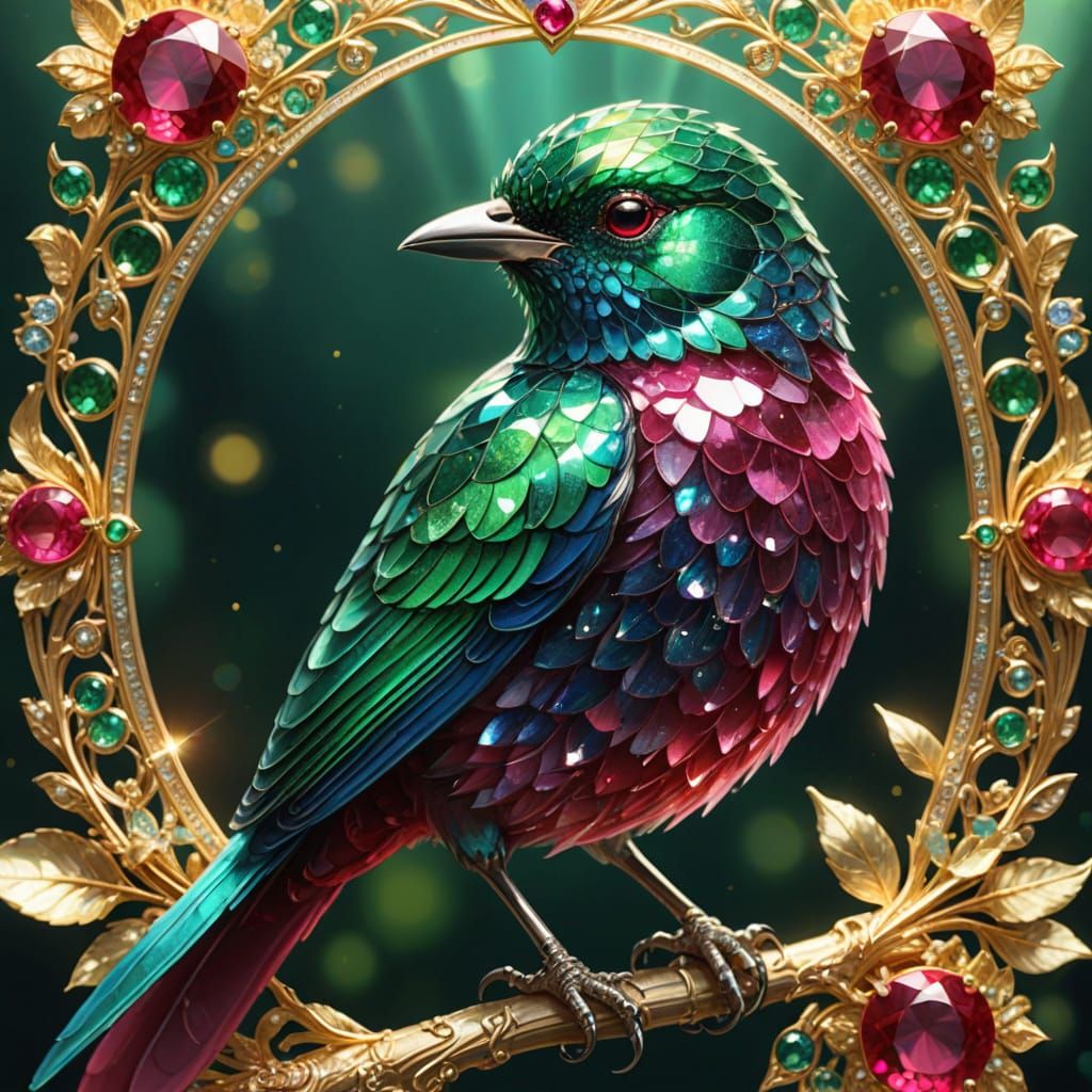 Sparkling Ruby Emerald Bird with Golden Filigree