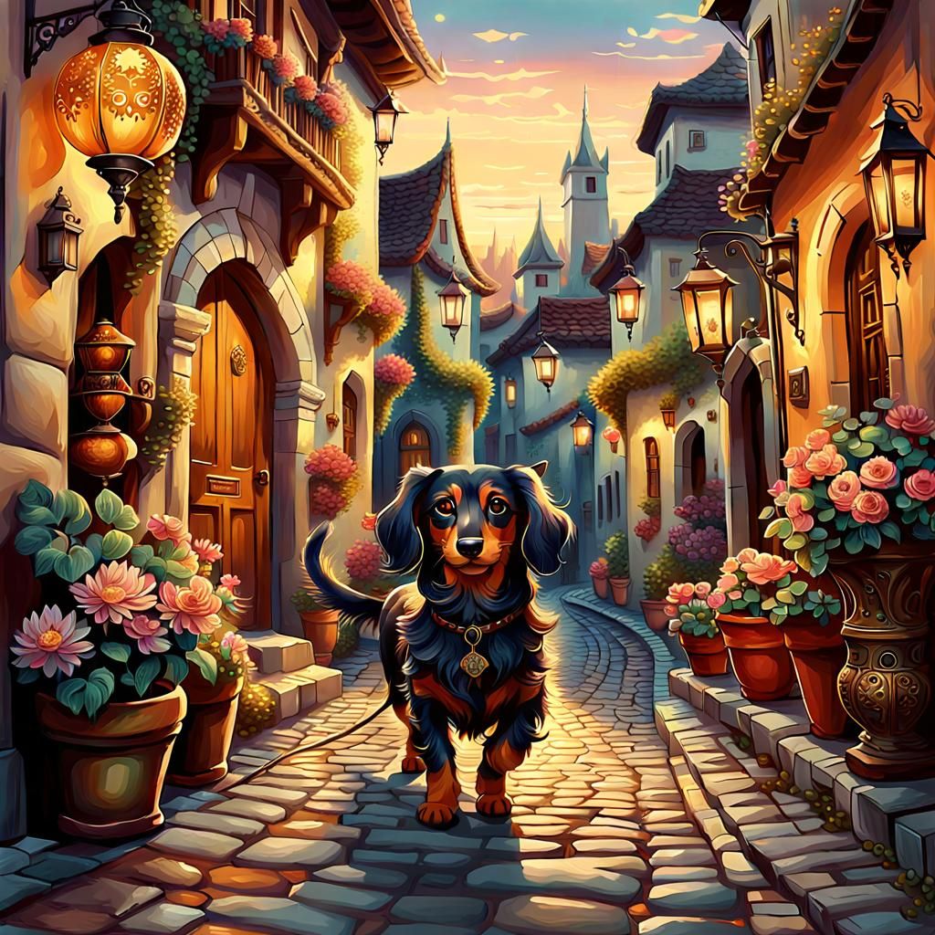Bohemian Cat and Dachshund on Cobblestone Street