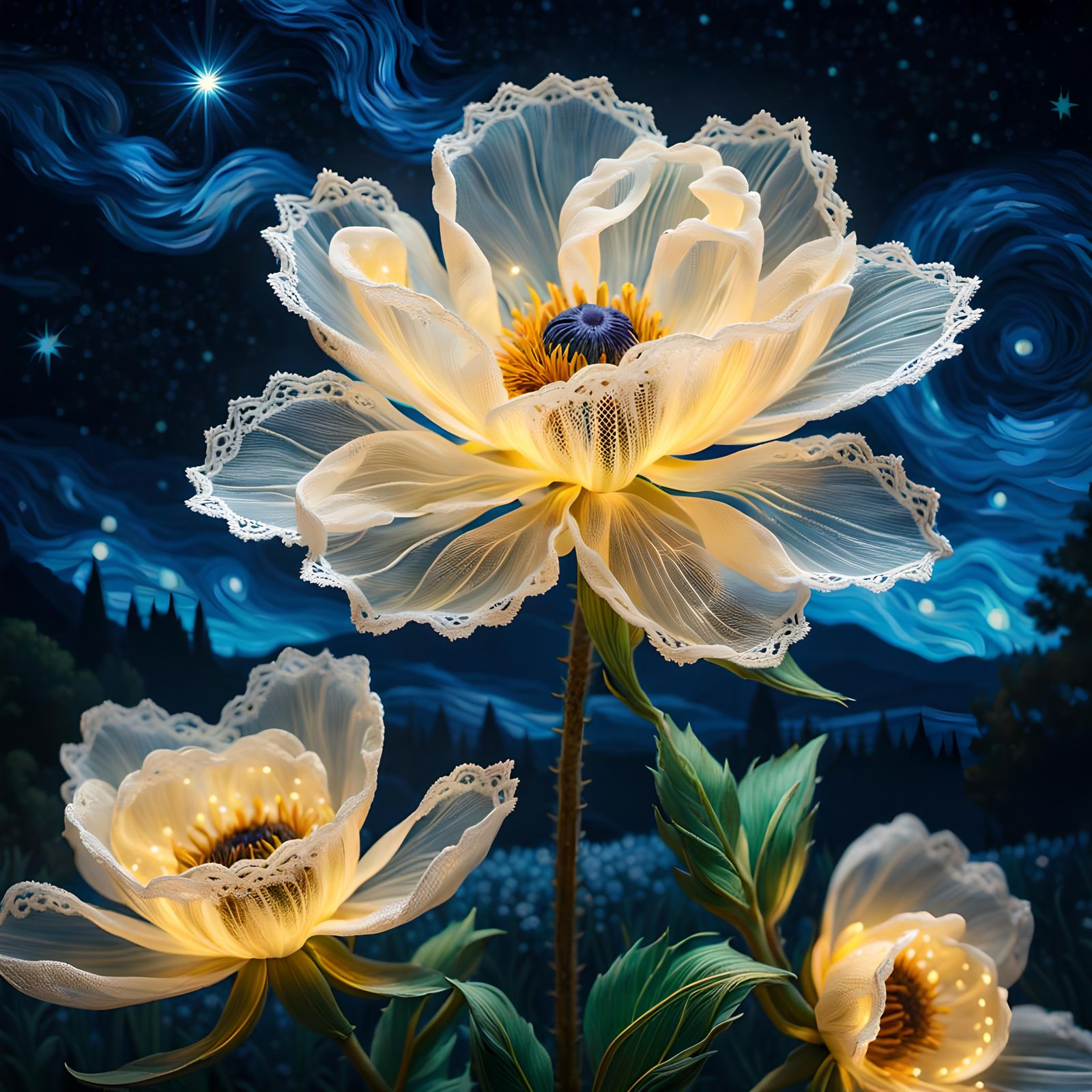 Lace and Silk Flower with Starry Night Backdrop