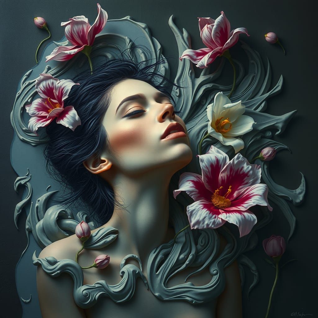 Dreamlike Surreal Flowers Surround Woman, Digital Art