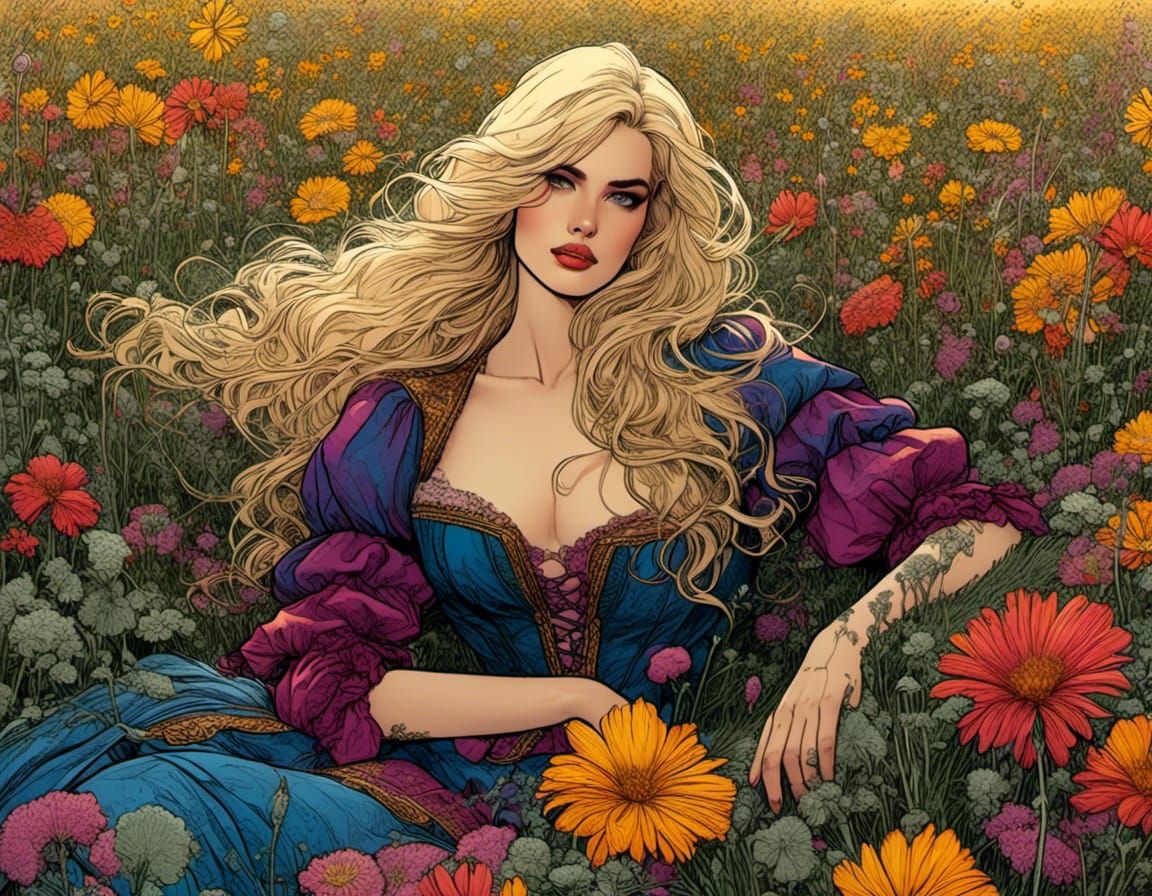 Woman in Flowery Meadow, Pen and Ink Style