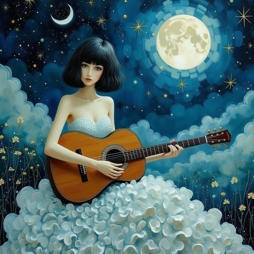 Ethereal Night Musician on Cloudy Royal Blue Sky