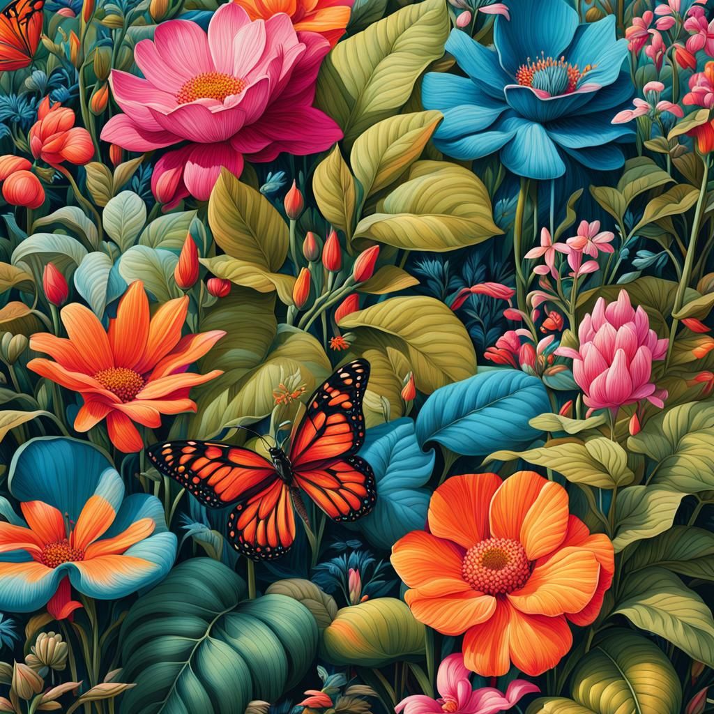 Lush Garden Scene in Vibrant Colors