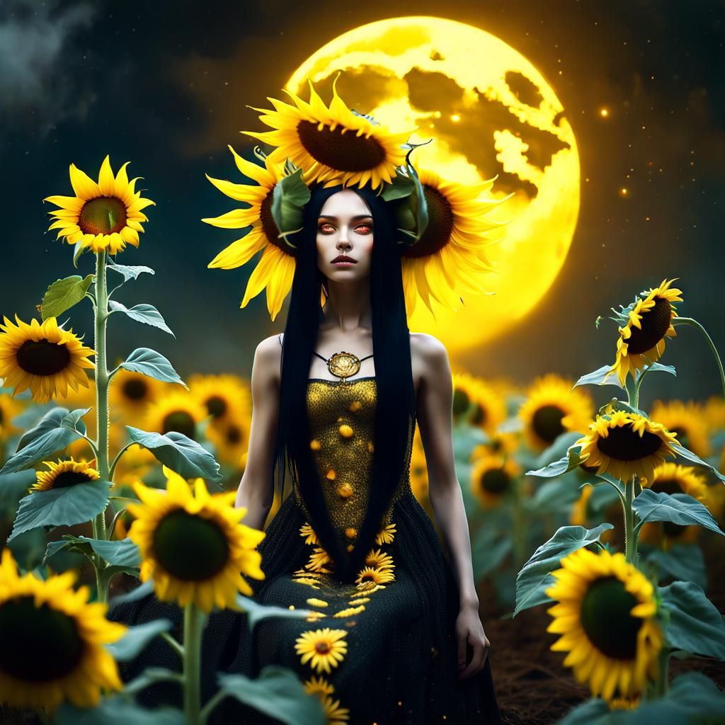 Alien Girl in Sunflower Gown Under Moonlight