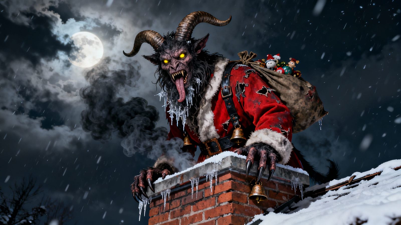 Demonic Krampus Santa Emerges from Chimney