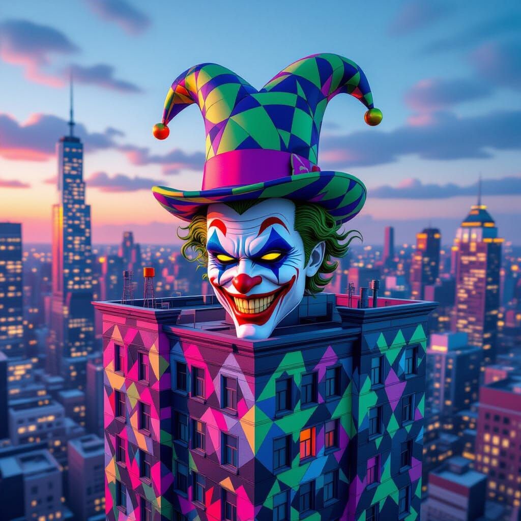 Whimsical Joker Hat Building With Neon Geometric Patterns