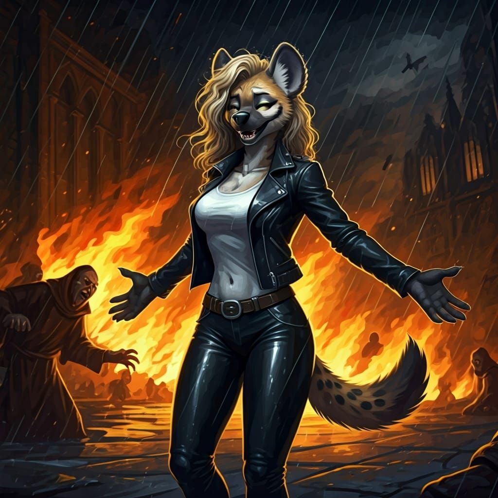 Hyena Excalibur in Apocalyptic Rain, Impasto Acrylic