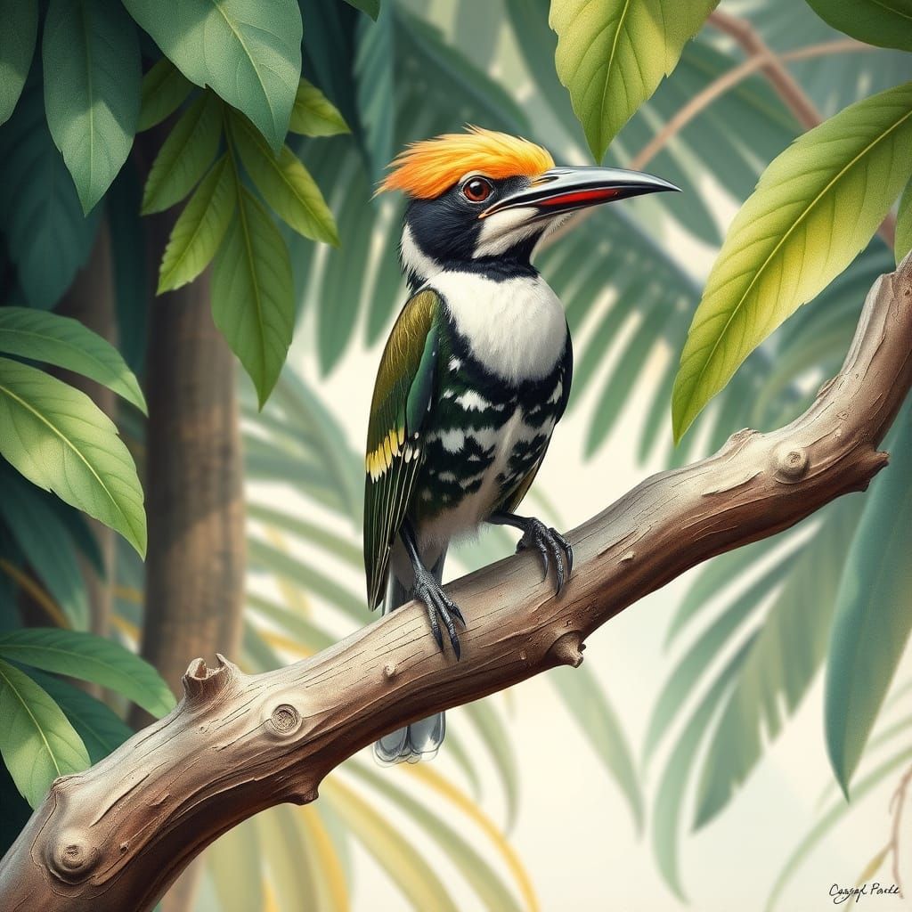 Majestic Bare-fronted Hoodwink Bird in Tropical Foliage