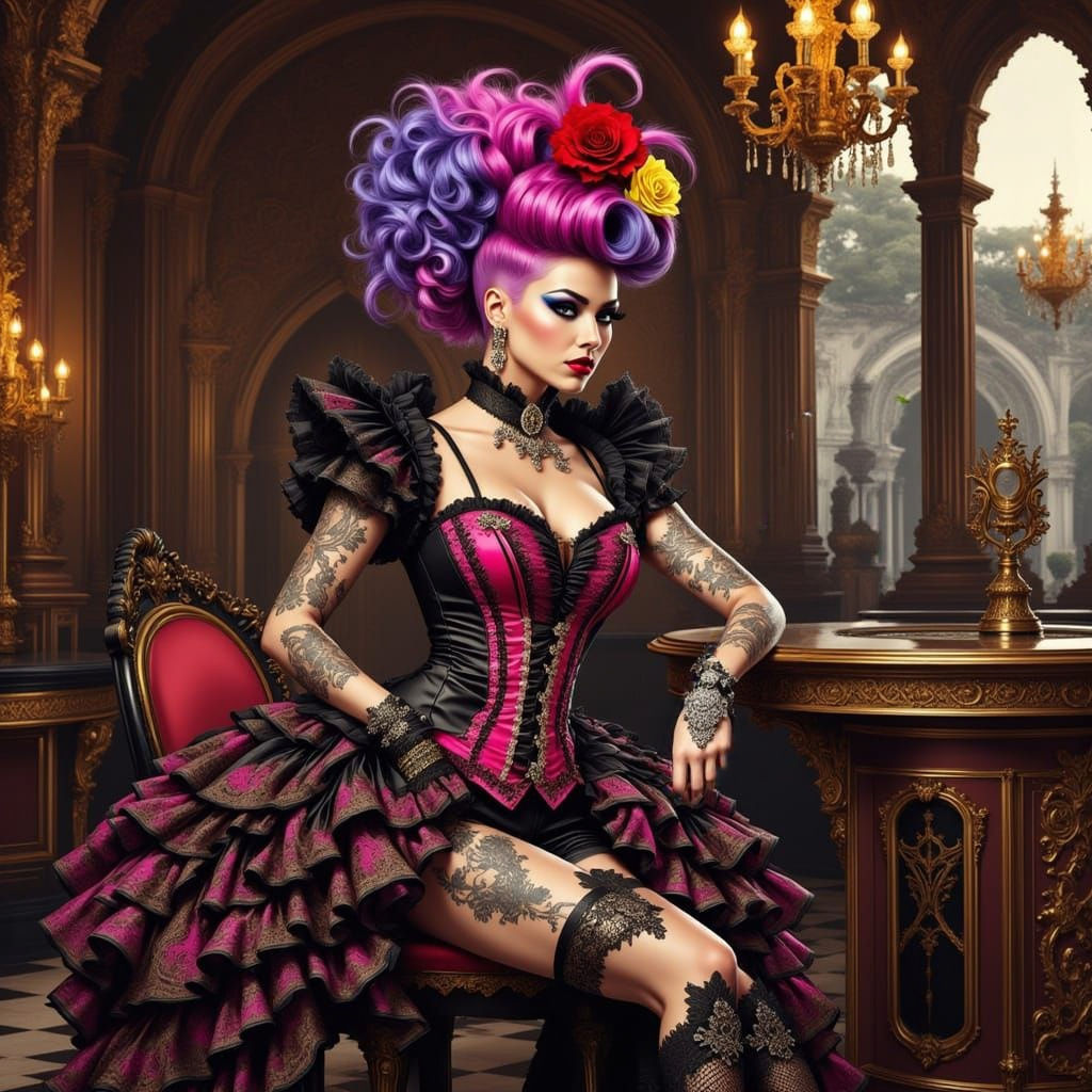Rococopunk Woman with Mohawk in Extravagant Costume