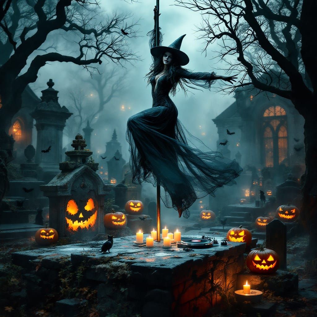 Halloween Witch Pole Dance in Graveyard