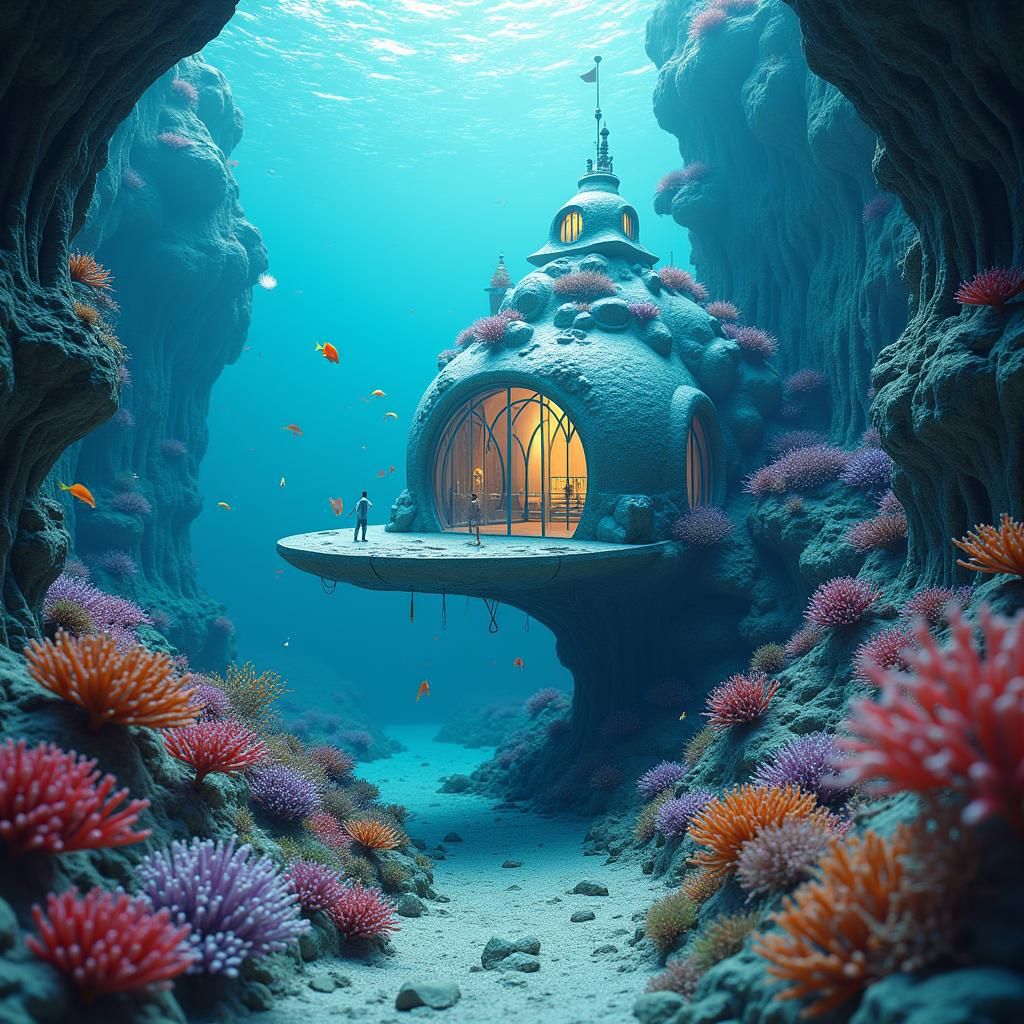 Mermaid Home Under Glass in Bioluminescent Cityscape