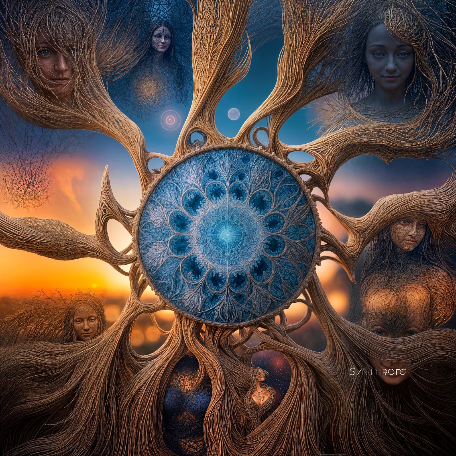 Intricate Fractal Wood Sculpture in Dark Sunset Light