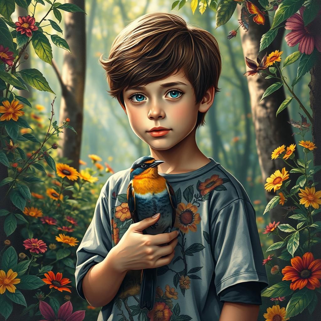 Boy Holding Bird in Hyperrealistic Forest Graffiti Style