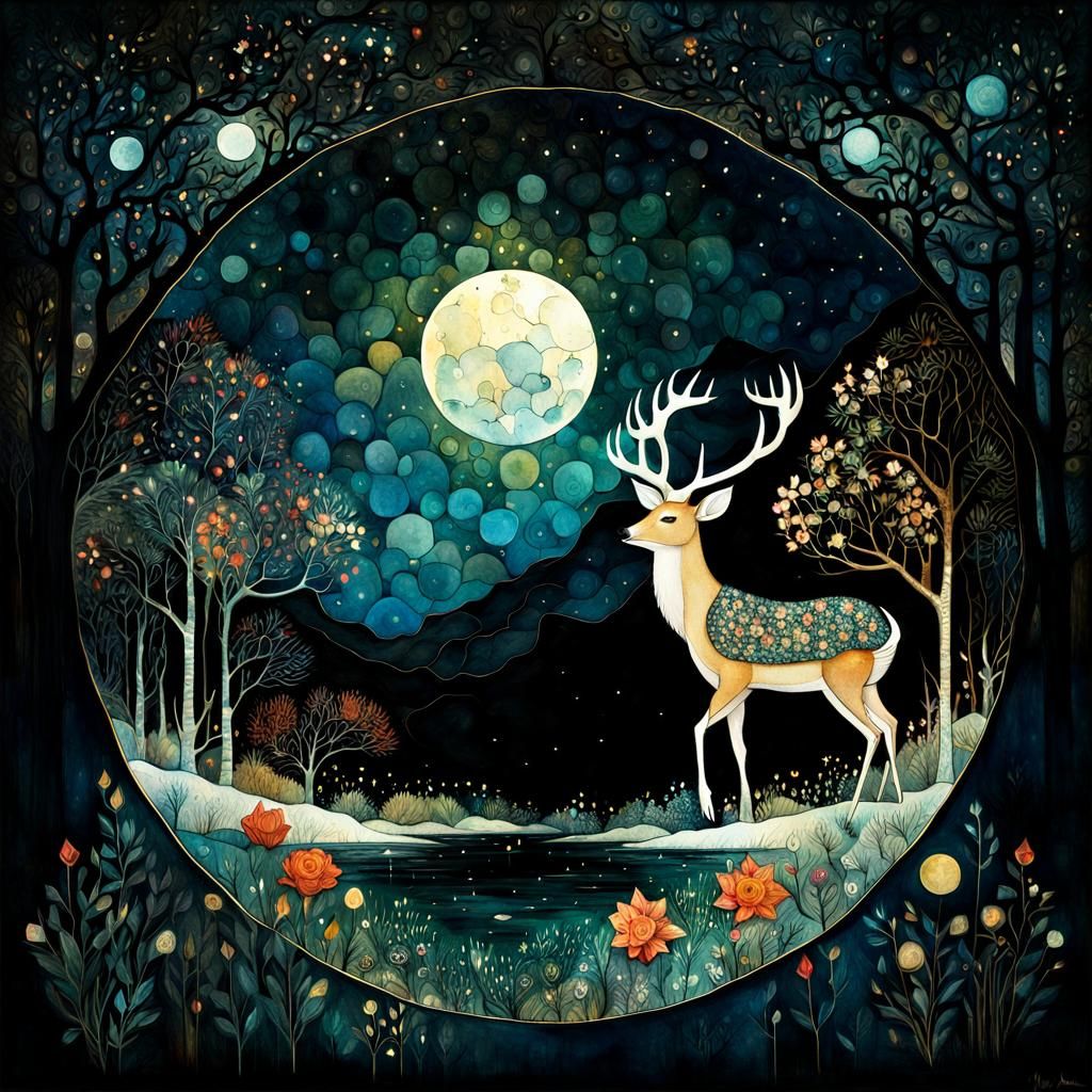 Deer in Moonlight: Whimsical Folk Art Collage