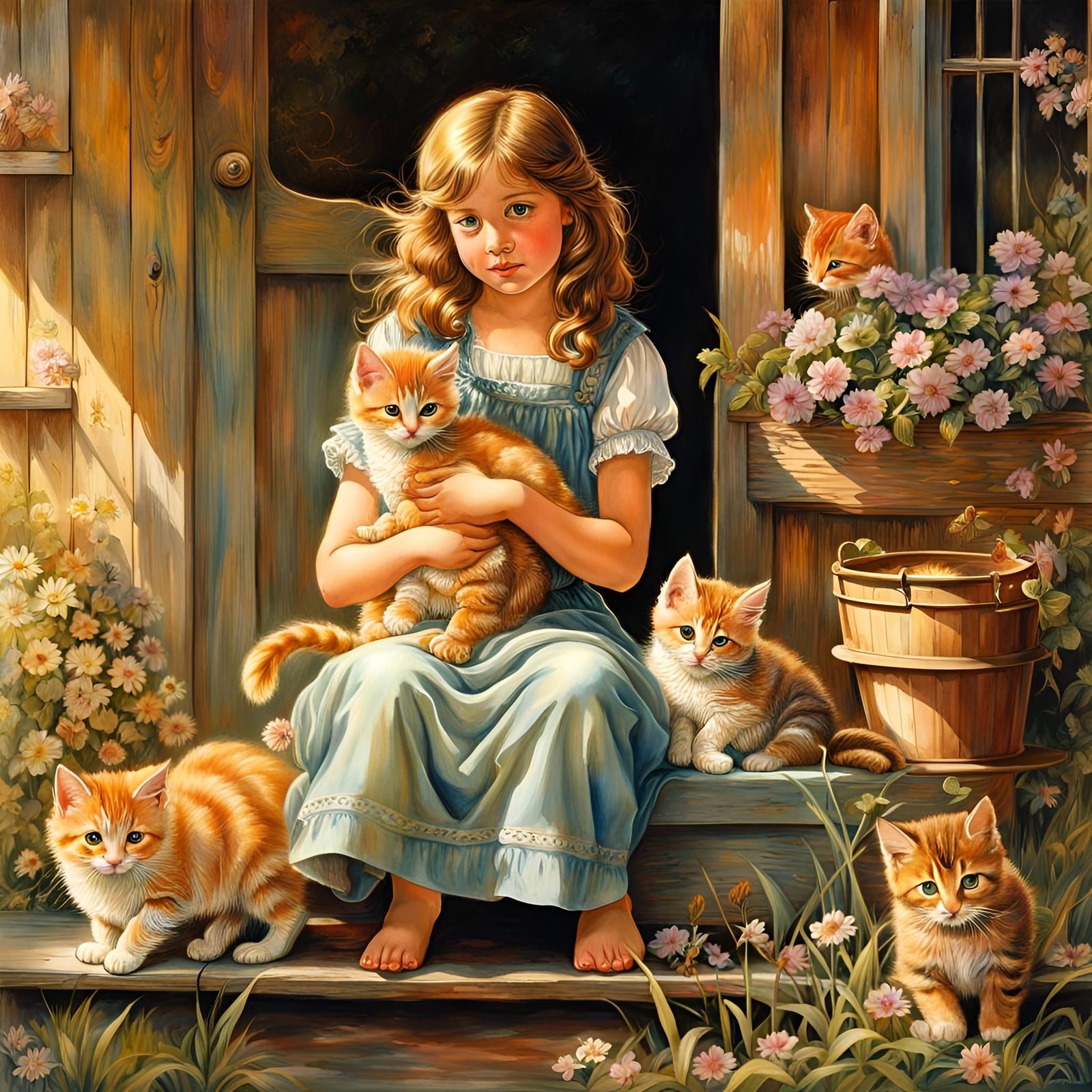 Girl with Kittens on Farmhouse Porch in Watercolor