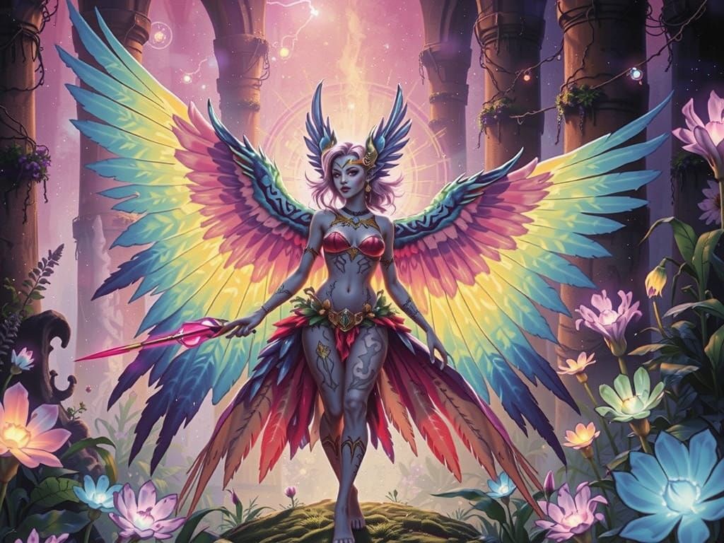 Vibrant Harpy Goddess in Whimsical Medieval Fantasy