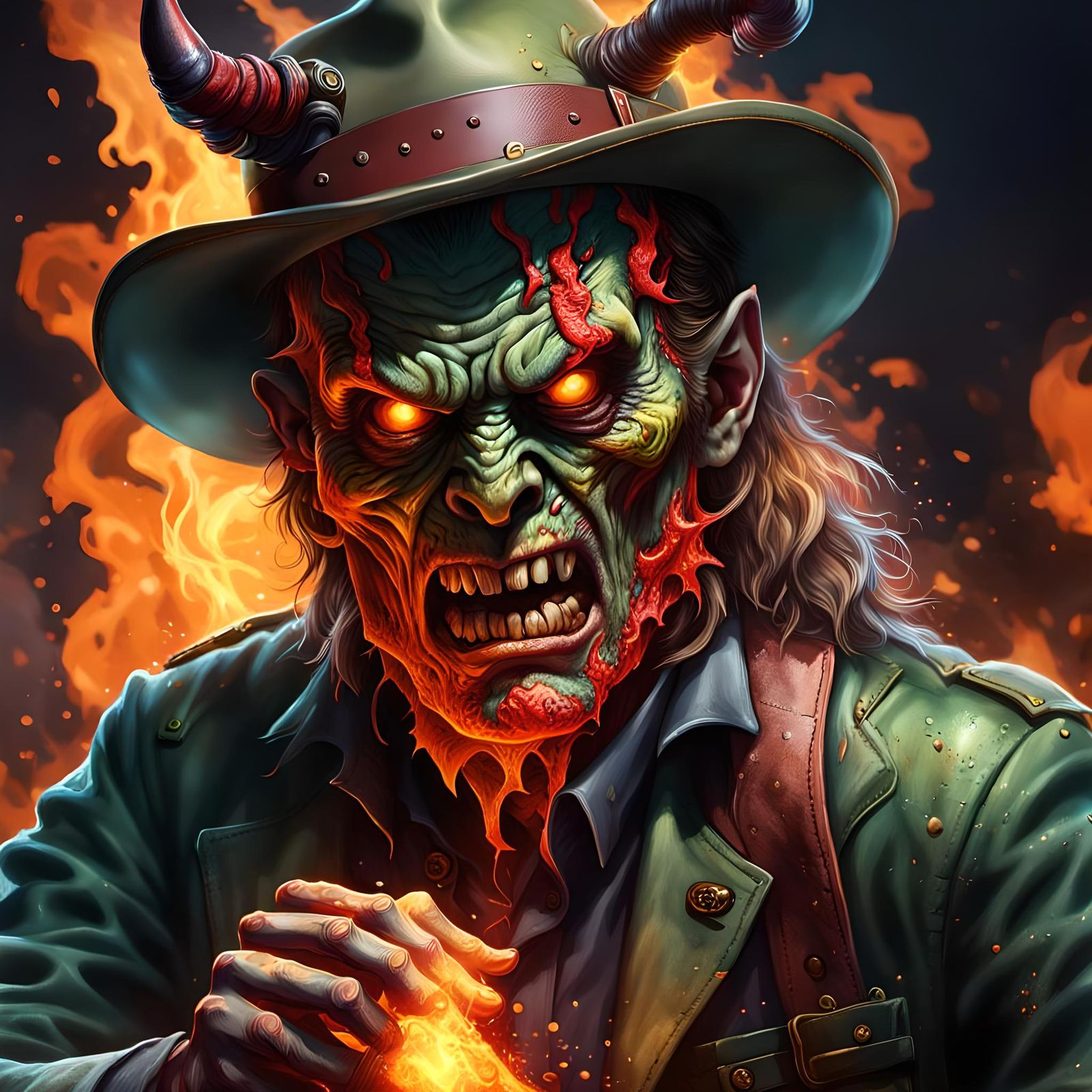 Fiery Zombie Portrait in Hyperrealistic Splash Art