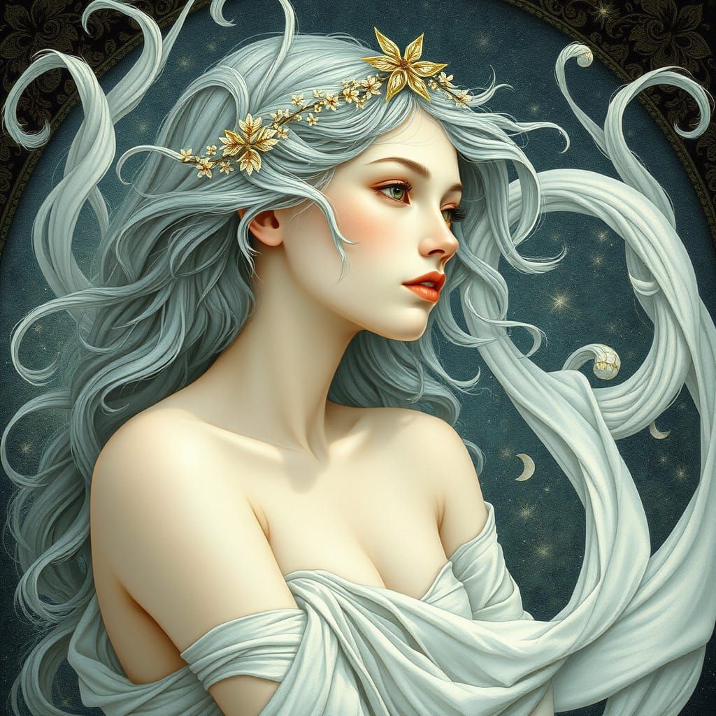 Sensual Art Nouveau Nymph with Snowy Tail in Elegant Curves