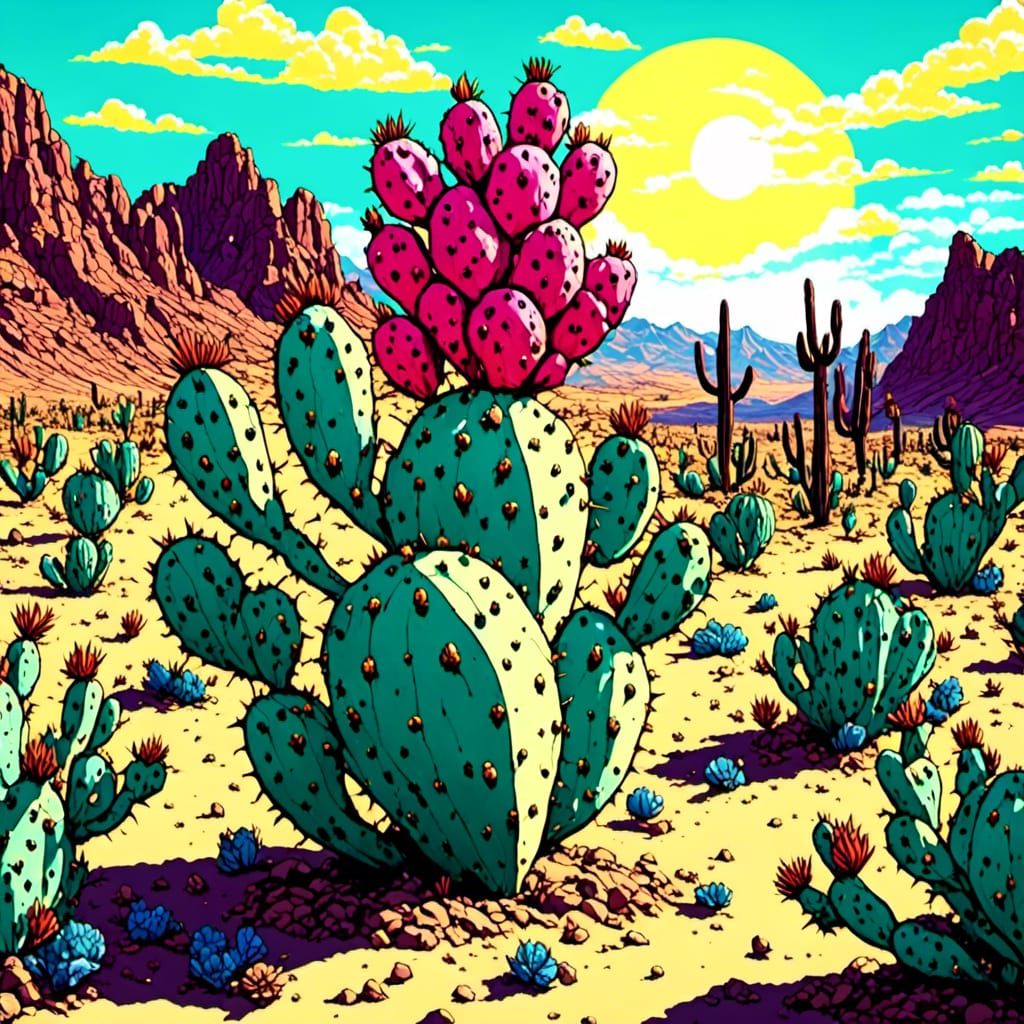 Neon Prickly Pear in Sunny Desert Landscape