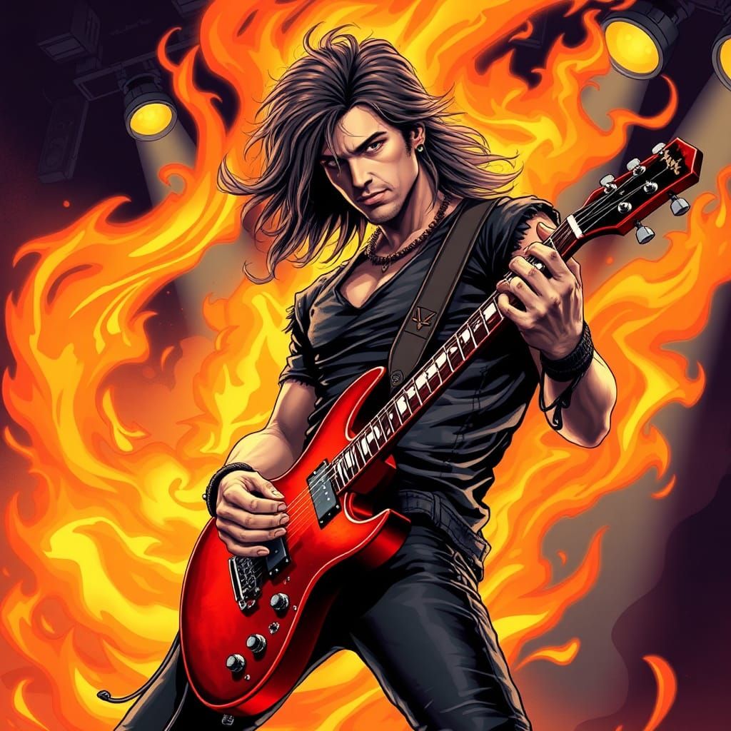 Rockstar Guitarist Amidst Flames in Comic Book Style