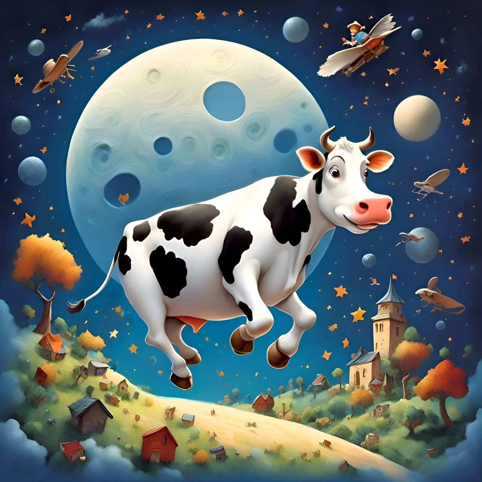 Cow Jumps Over Moon: Wholesome 3D Illustration