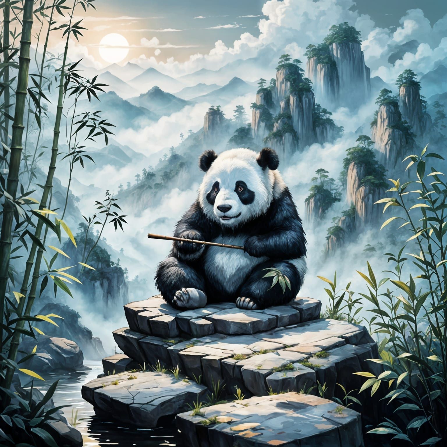 Panda in Misty Mountains Chewing Bamboo
