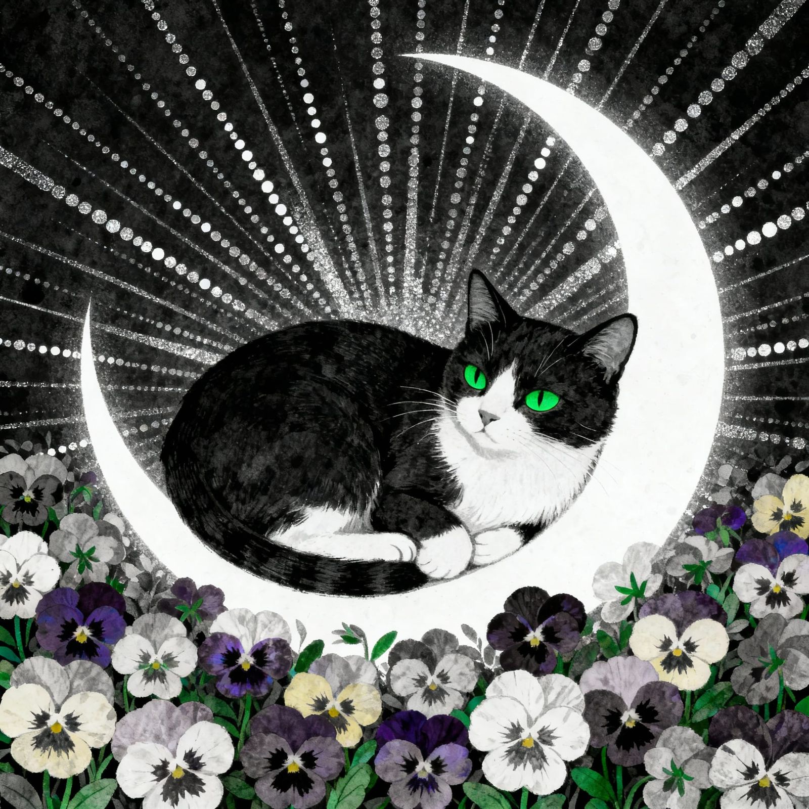 Black Cat Rests Under Moon in Abstract Dot Style