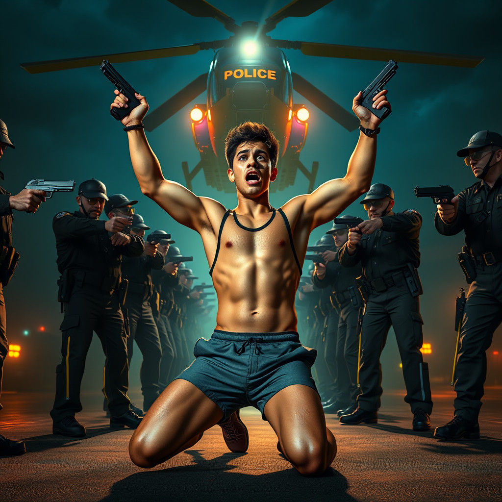 Tense Surrender Scene in Cyberpunk Art Style