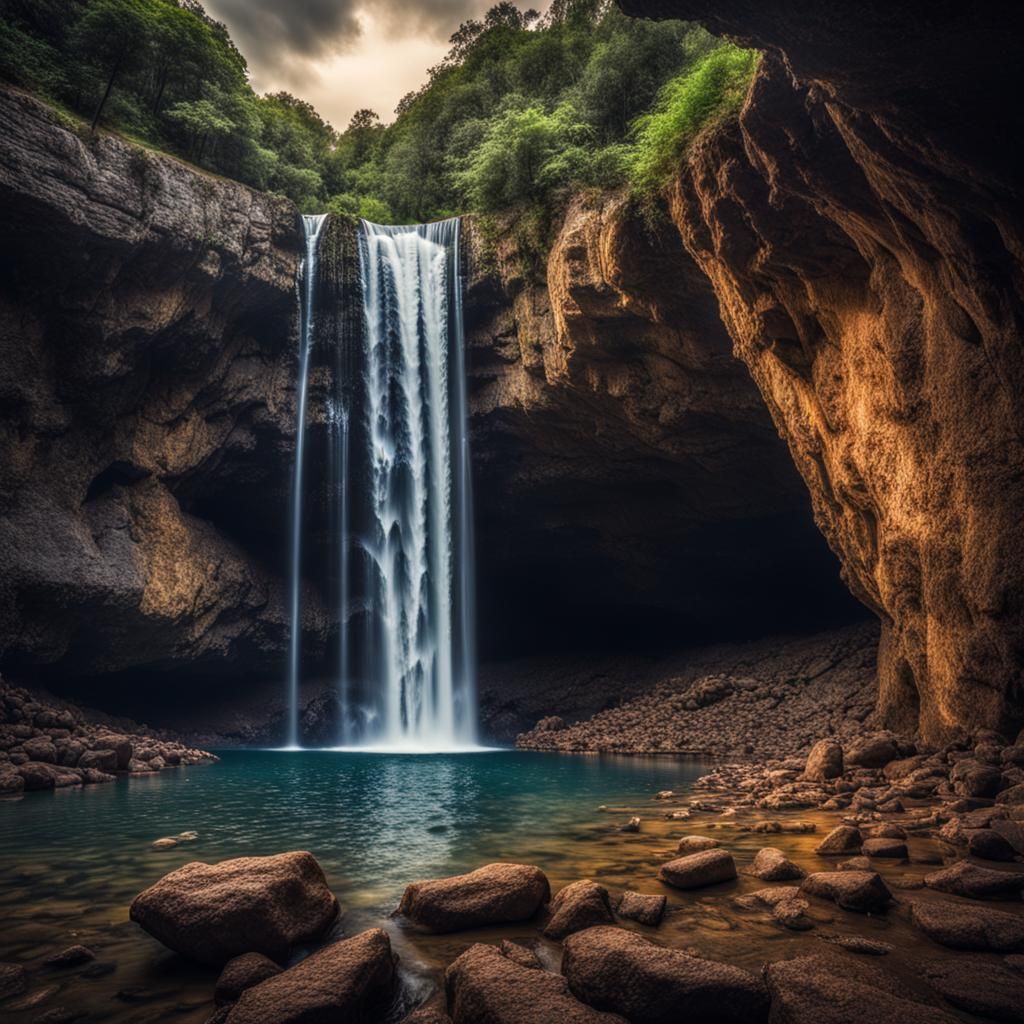 Hyperrealistic Waterfall with Cave