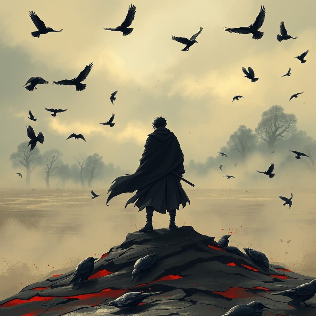 Victorious Uchiha Warrior in a Desolate Landscape