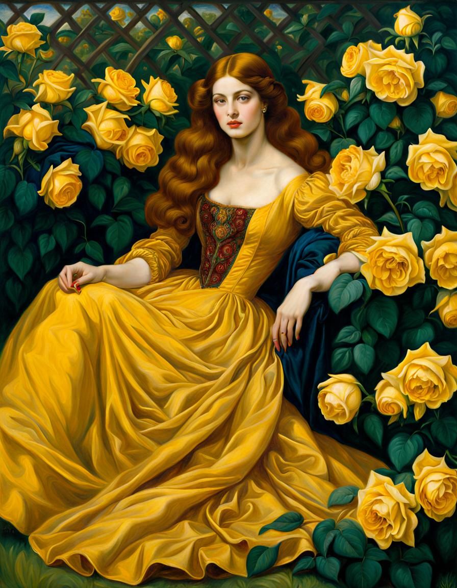 Sensual Young Woman in Aesthetic Rose Garden Oil Portrait