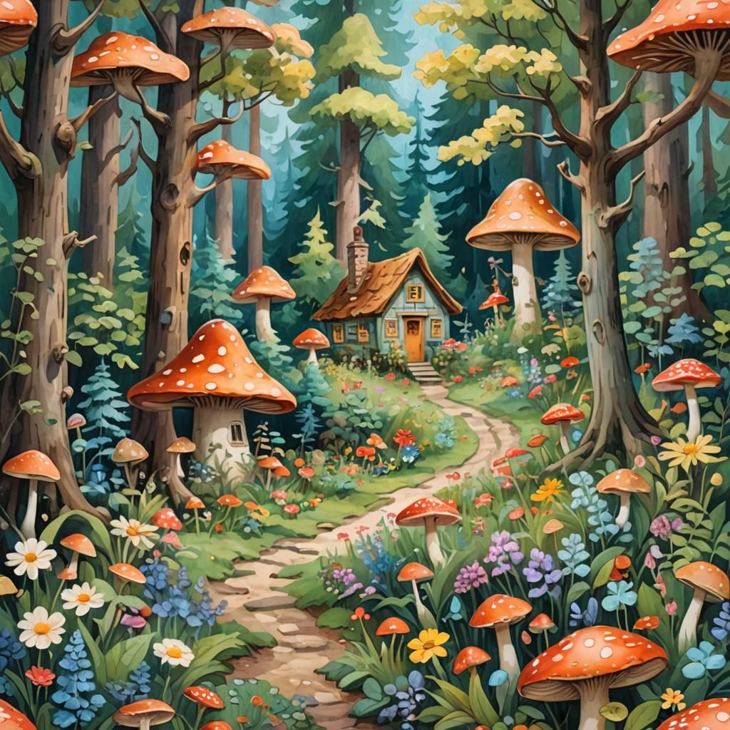 Detailed Forest Scene in Gouache Watercolor Style