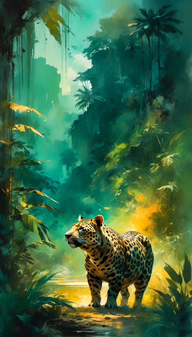 Big Pig in Jungle Oil Painting with Triadic Colors