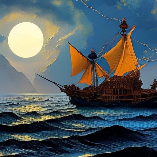 Galleon with Giant Moon in Vibrant Abstract Style