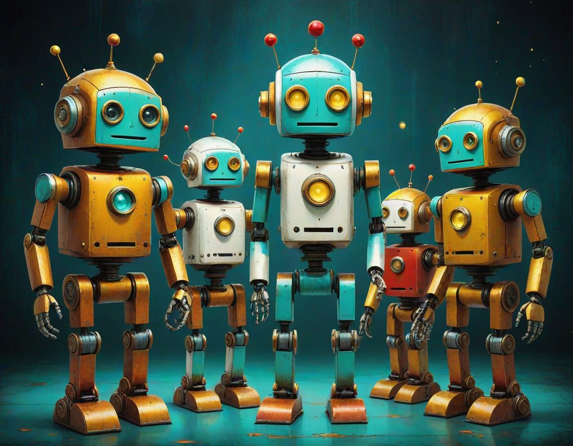Joyful Robots in Impressionist Sci-Fi Style