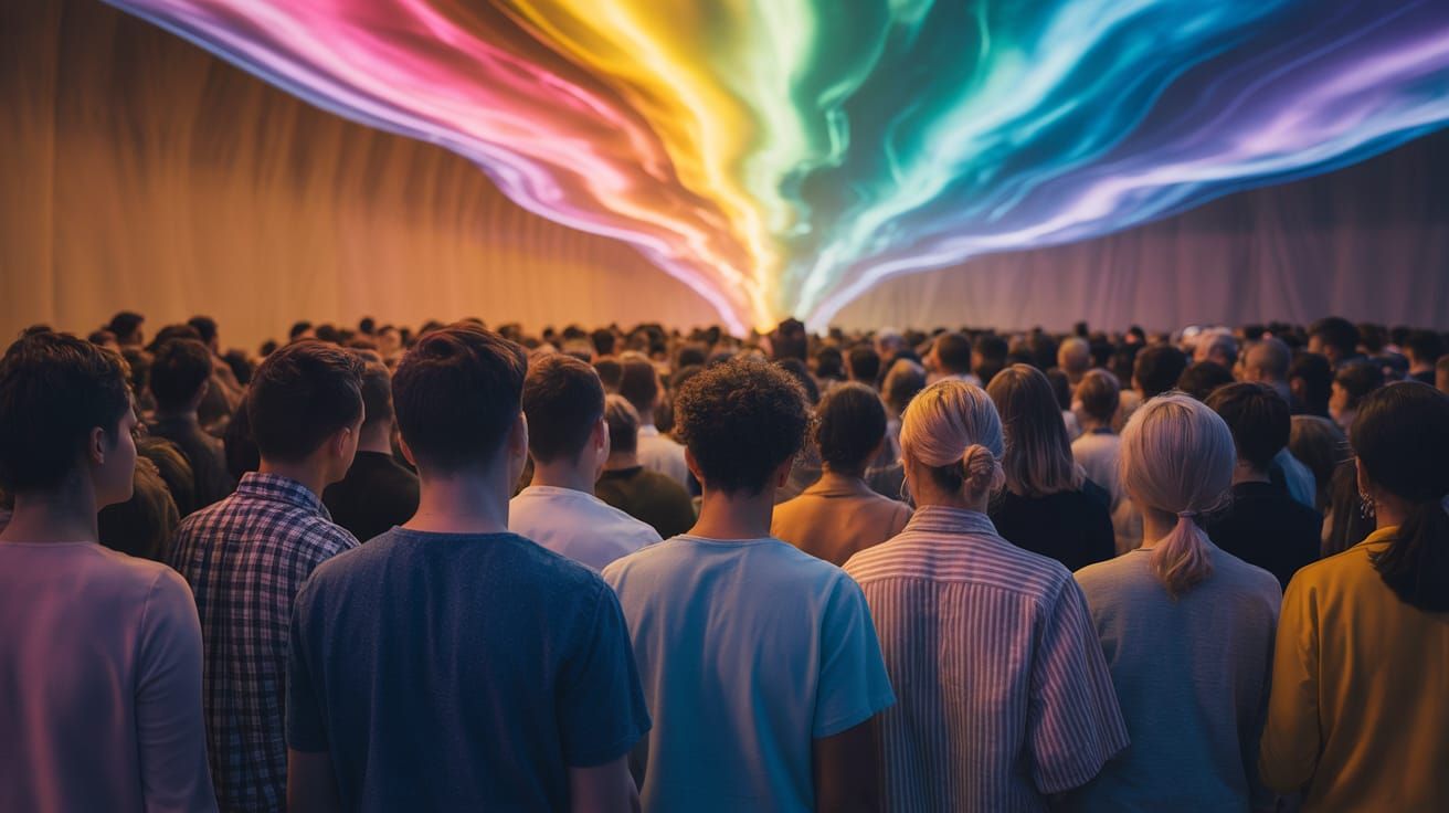 Diverse Crowd Awaits Radiant Light Display