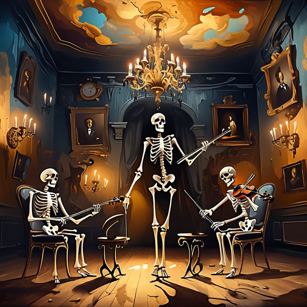 Surreal Skeletons Orchestra on Stage in Golden Light