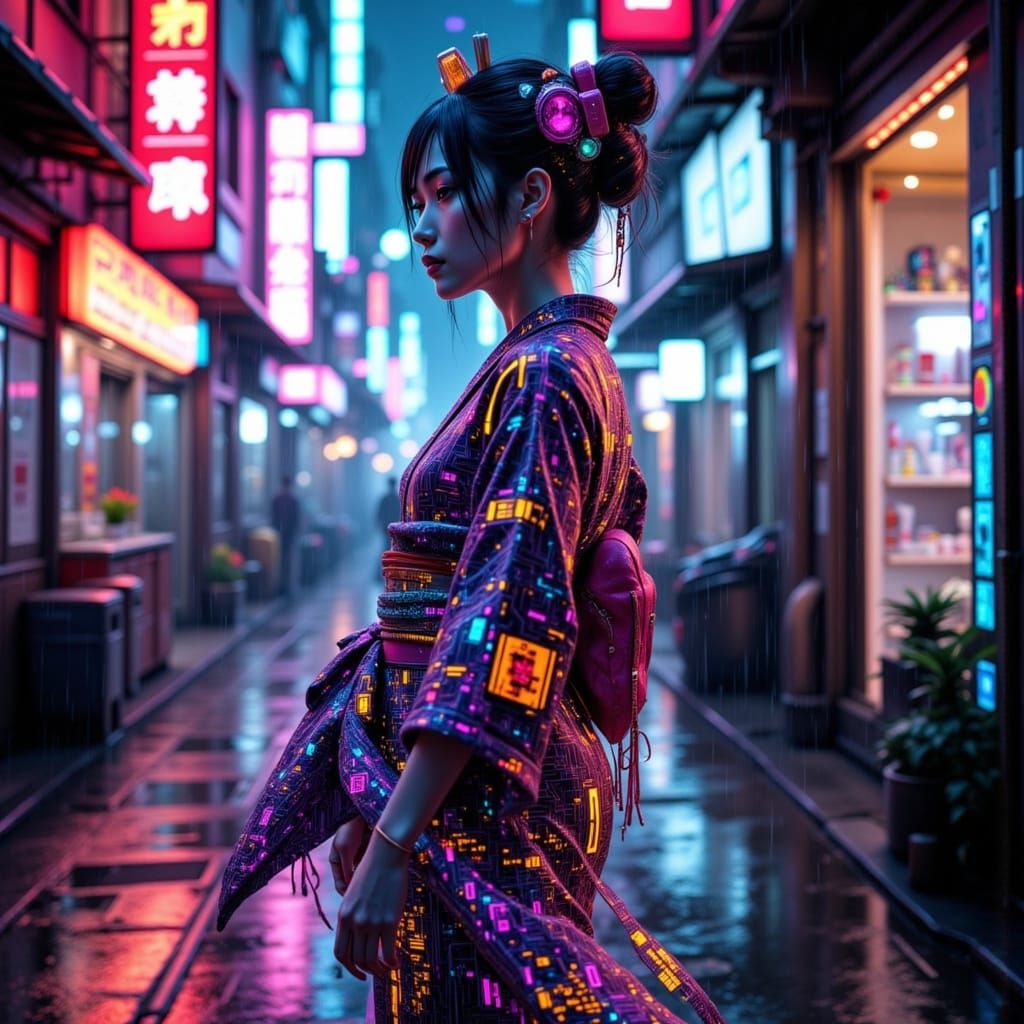 Cyberpunk Geisha Dances in Neon Alleyway