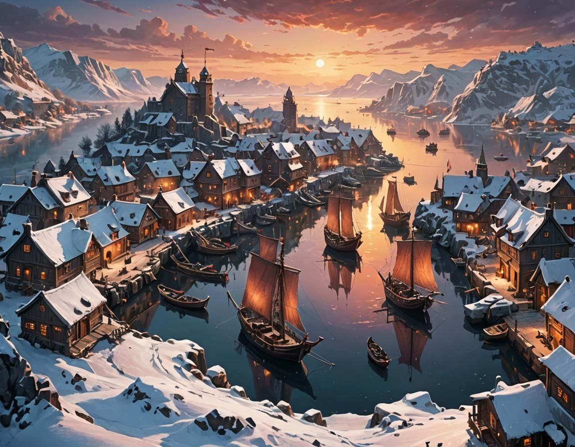Dragon's Winter View of Frozen Harbor at Sunset