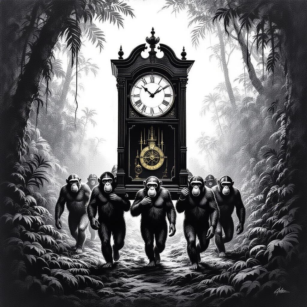 Apes Carry Grandfather Clock Through Jungle in Pencil Drawin...