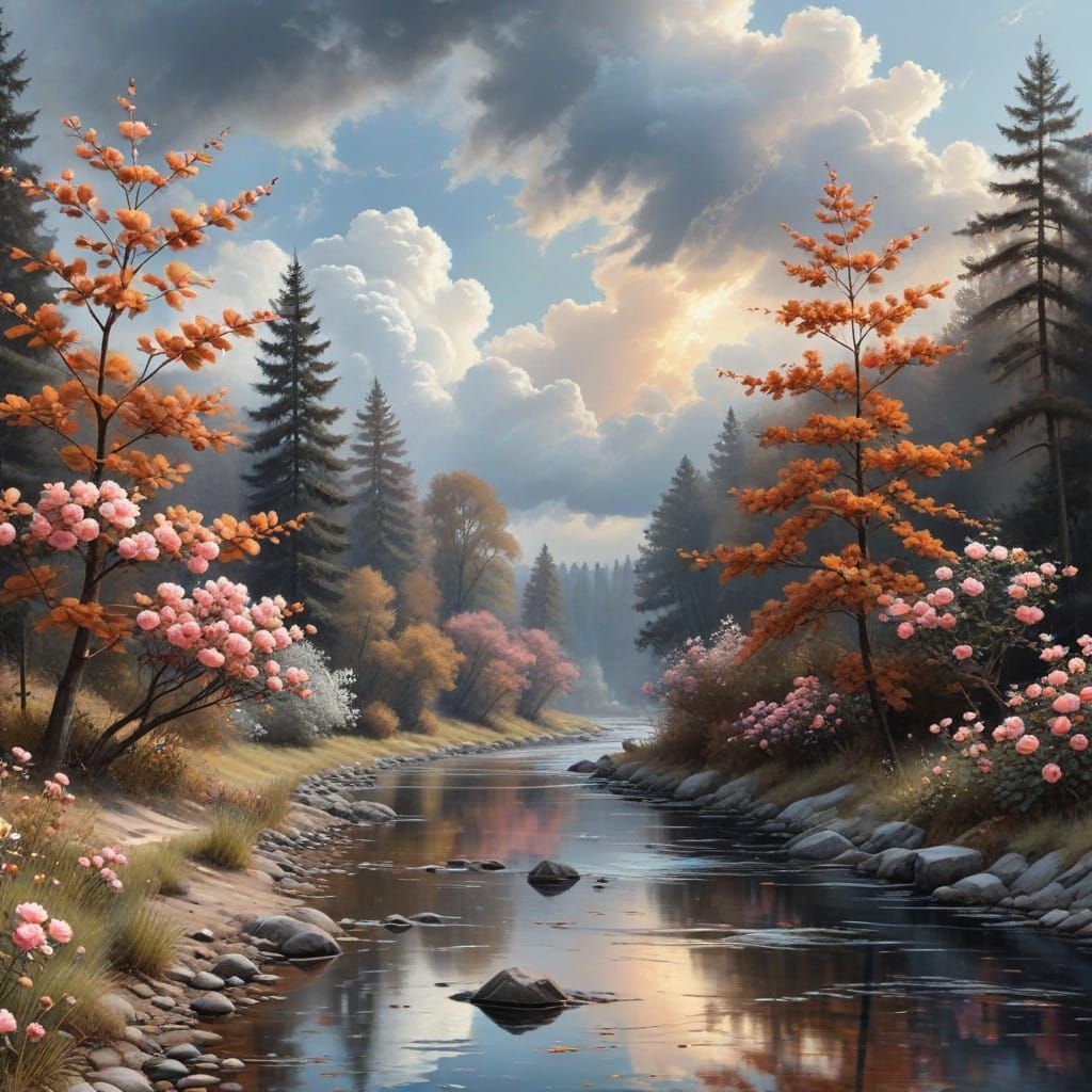 Surreal Watercolor Scene of a Winding River and Blooming Flo...