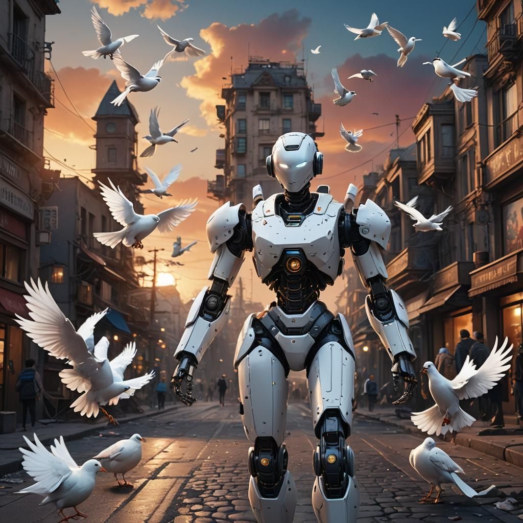Female Robot Walks at Sunset: Matte Painting