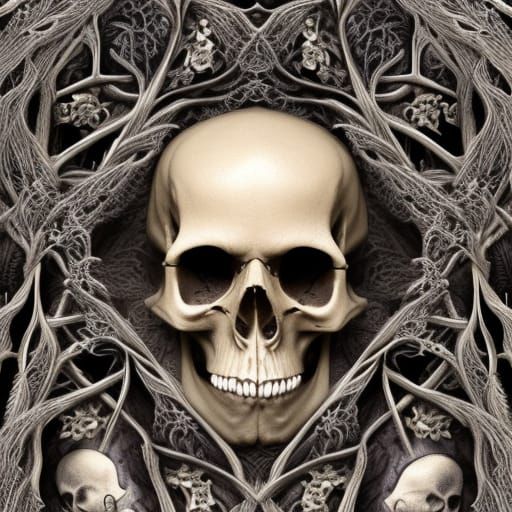 Ornate Skull with Vines and Flowers: Detailed Matte Painting