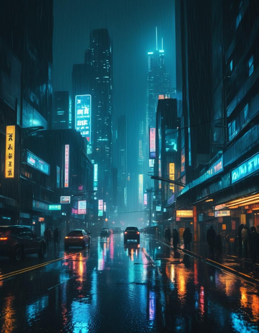 Futuristic Metropolis in Rainy Cyberpunk Style