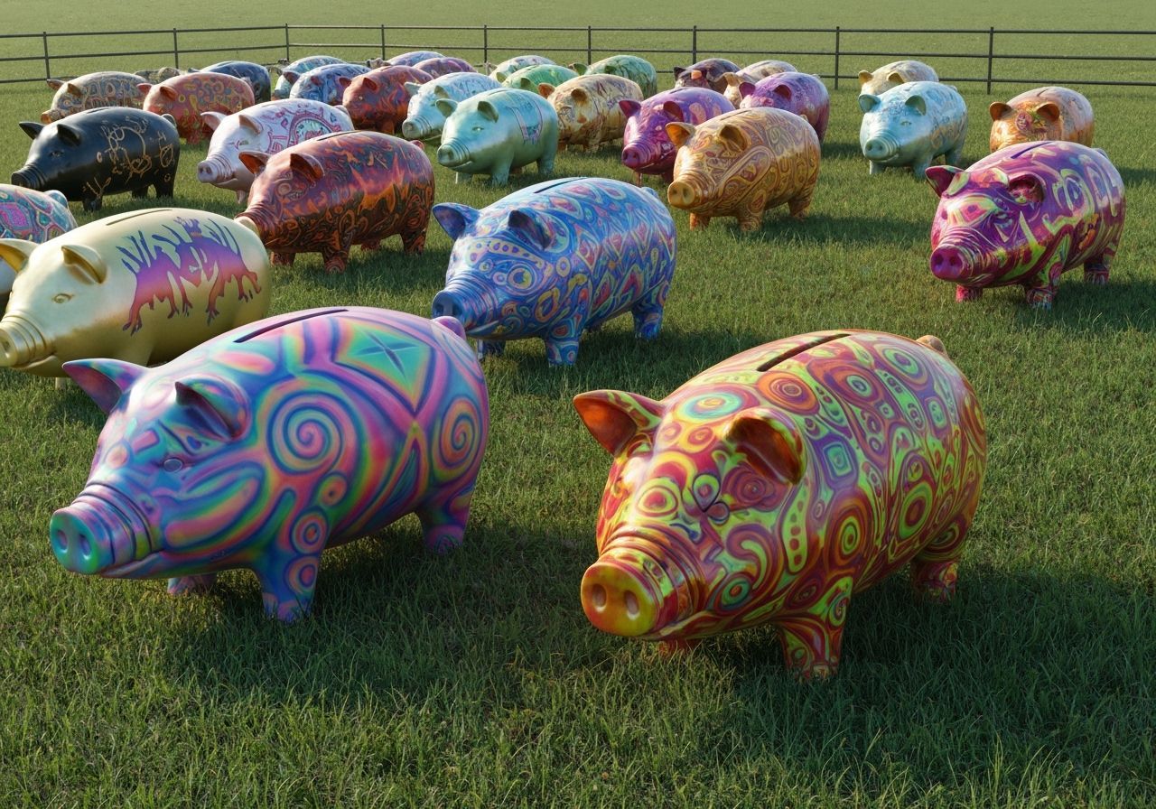 Vibrant Trippy Piggybanks in Meadow: 3D CGI Art