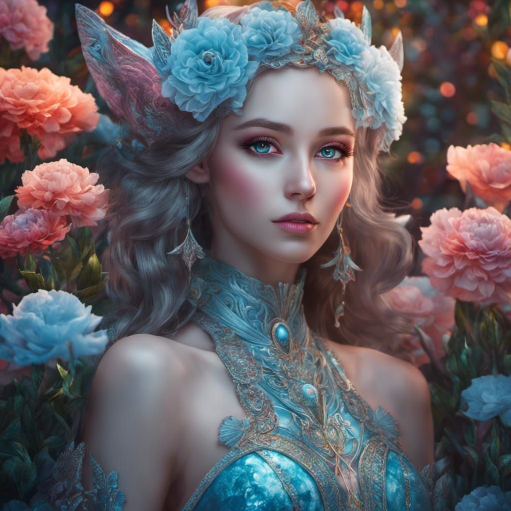 Elf Girl in Carnation Garden: Digital Photograph