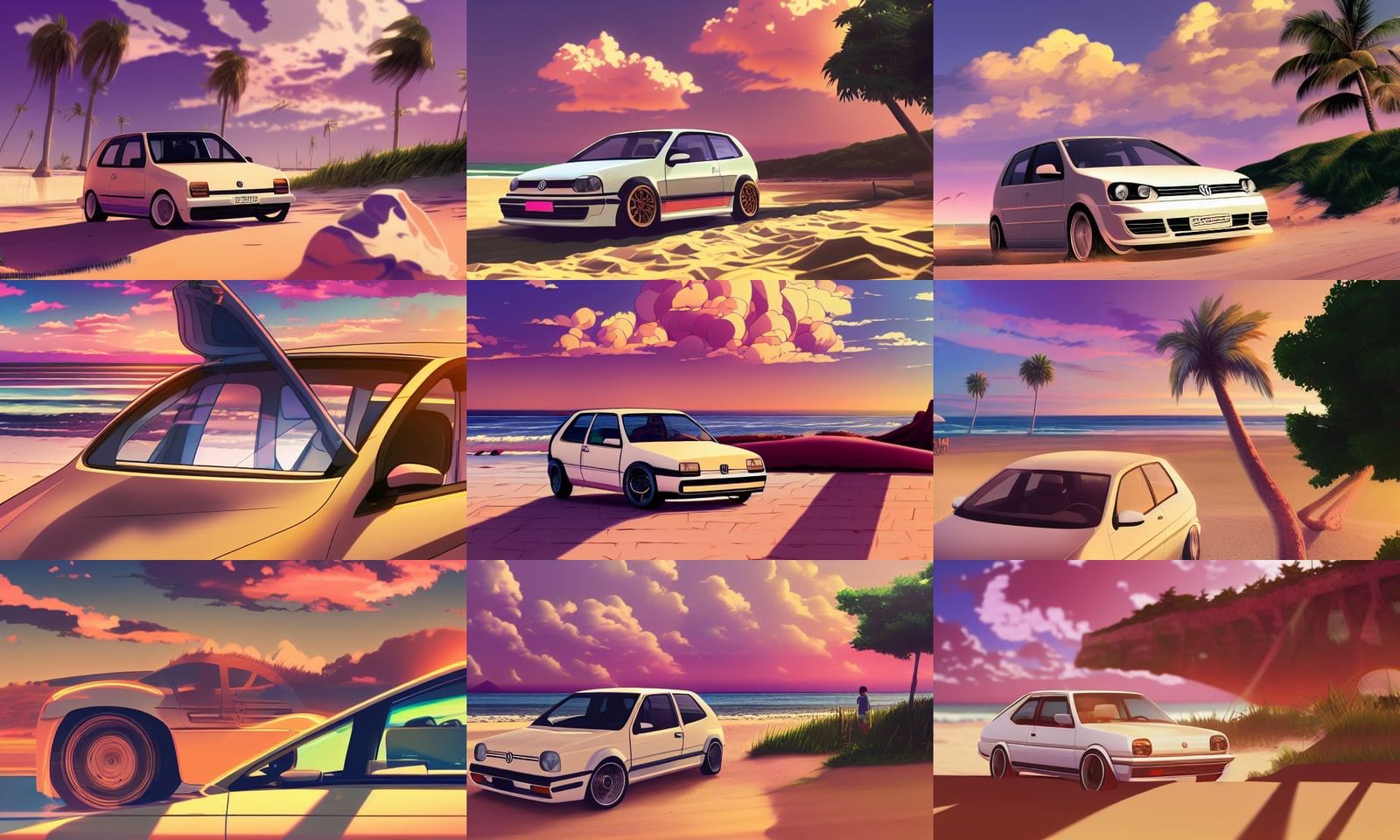 Volkswagen Golf at Sunset: Retrowave Anime Art