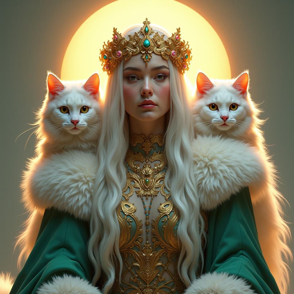 Freyja with White Cats in Art Nouveau Style