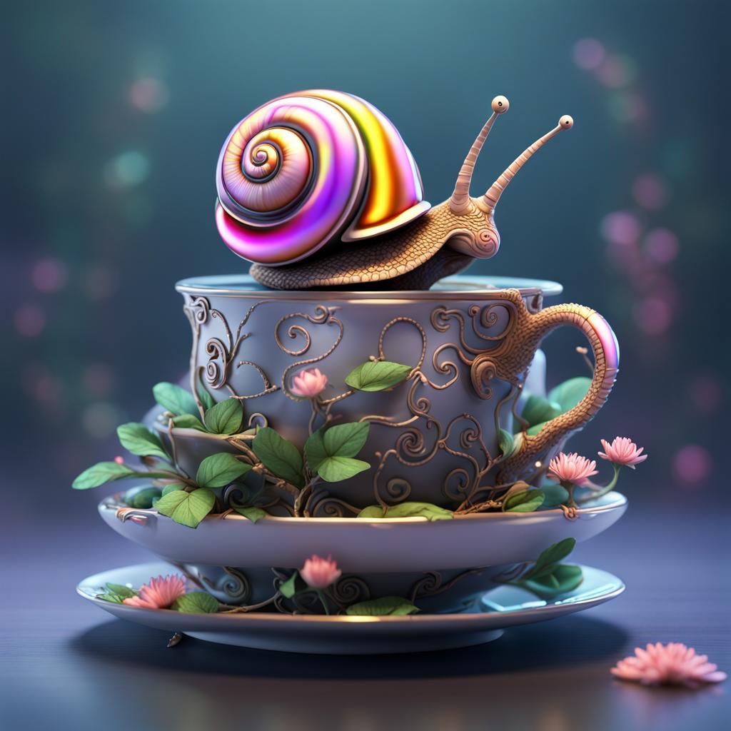 Chibi Snail in Teacup: 3D Iridescent Visualization