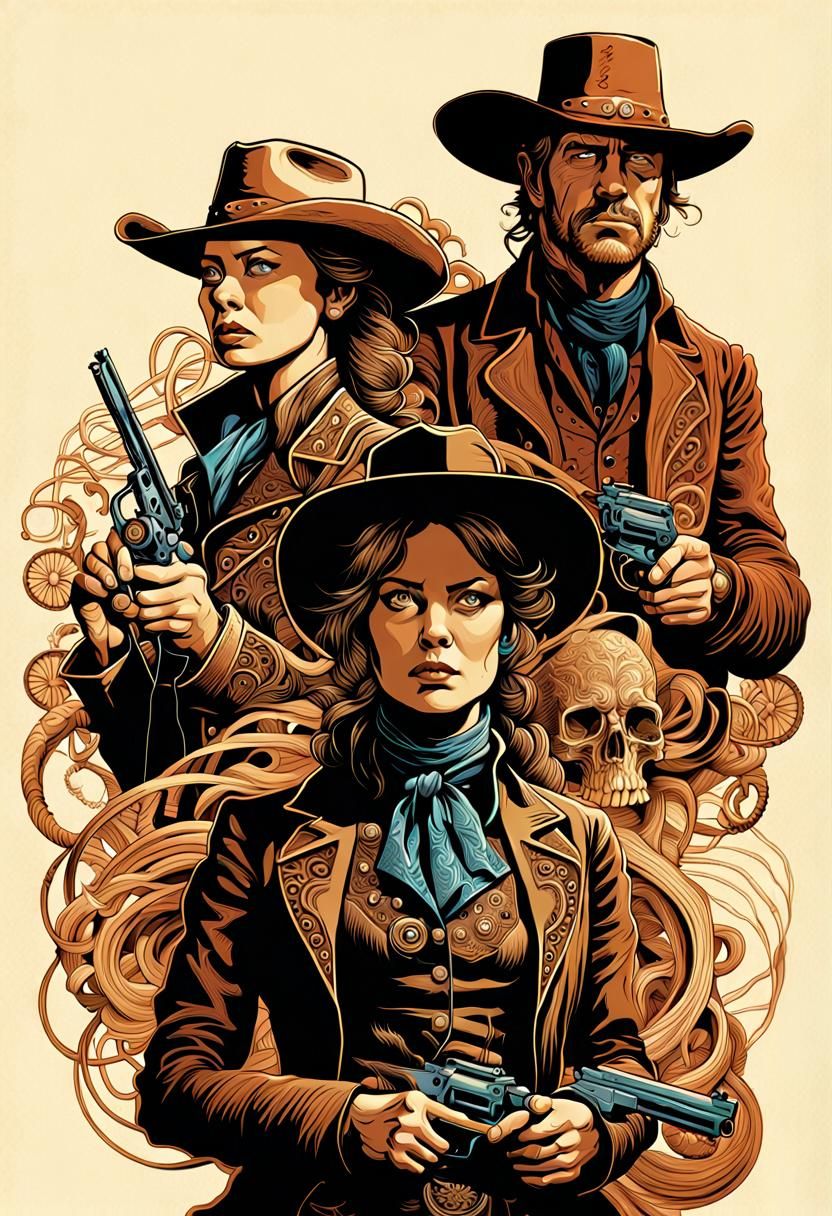 Wild West Gunslinger Woman in Comic Book Art Style